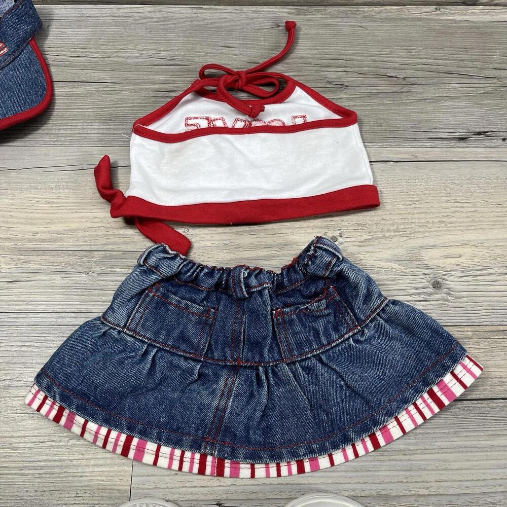 Build A Bear Outfits Denim Jean Skirt Skechers Shoes Love Red White Blue Visor - Picture 9 of 9